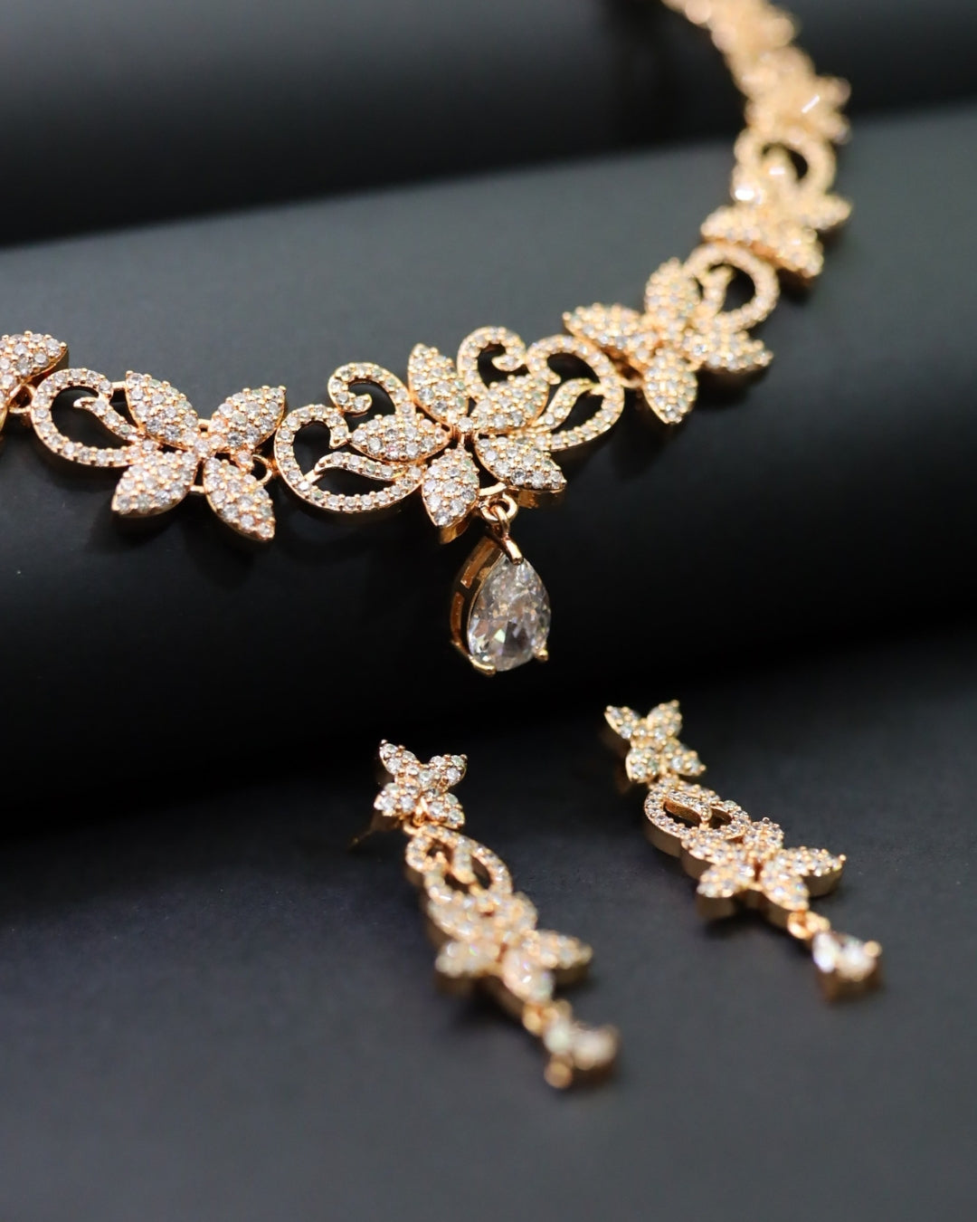 Rose Gold-Tone Floral Filigree CZ Necklace & Earrings Set