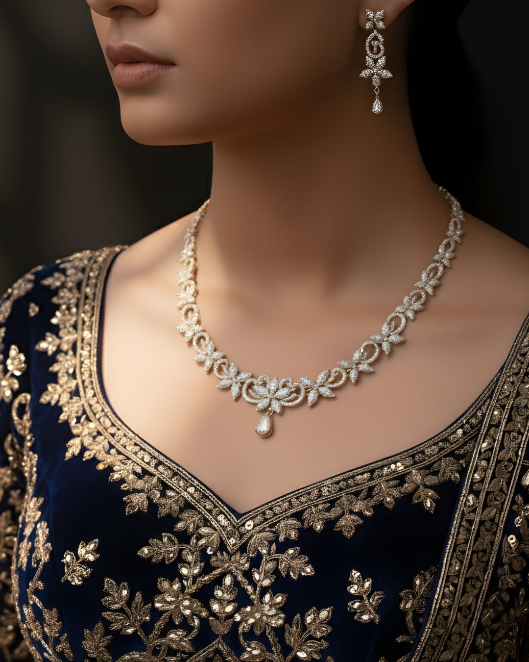 Rose Gold-Tone Floral Filigree CZ Necklace & Earrings Set