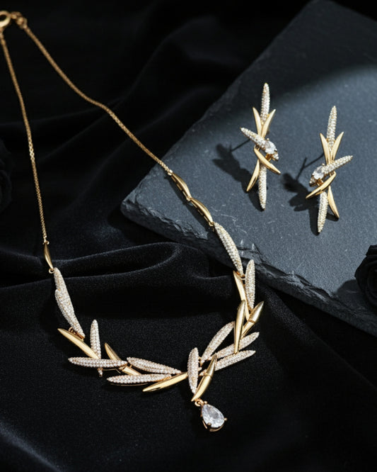 Golden Wheat Stalk | Rhinestone Cluster Collar Necklace Set