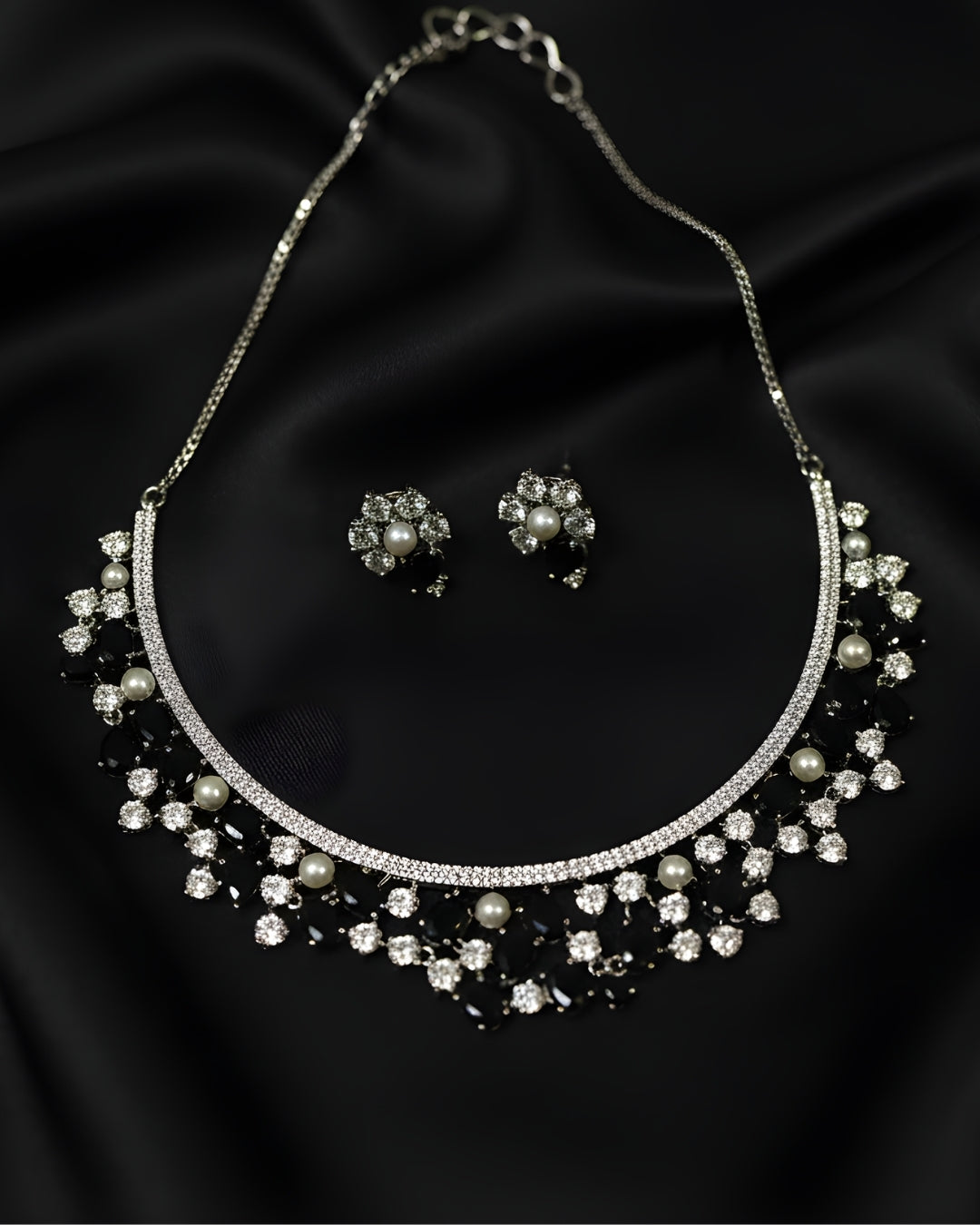 The  Night Bloom Pearl & Diamond-Look Rhodium Plated Cubic Zirconia (CZ) Choker Set