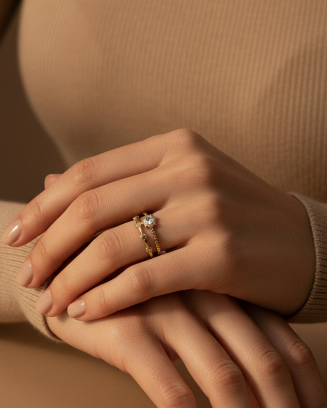 Whisper of Light stainless steel Adjustable Anti-Tarnish Minimalist Gold-Tone Linked Adjustable Ring, 18K Gold Plated Ring