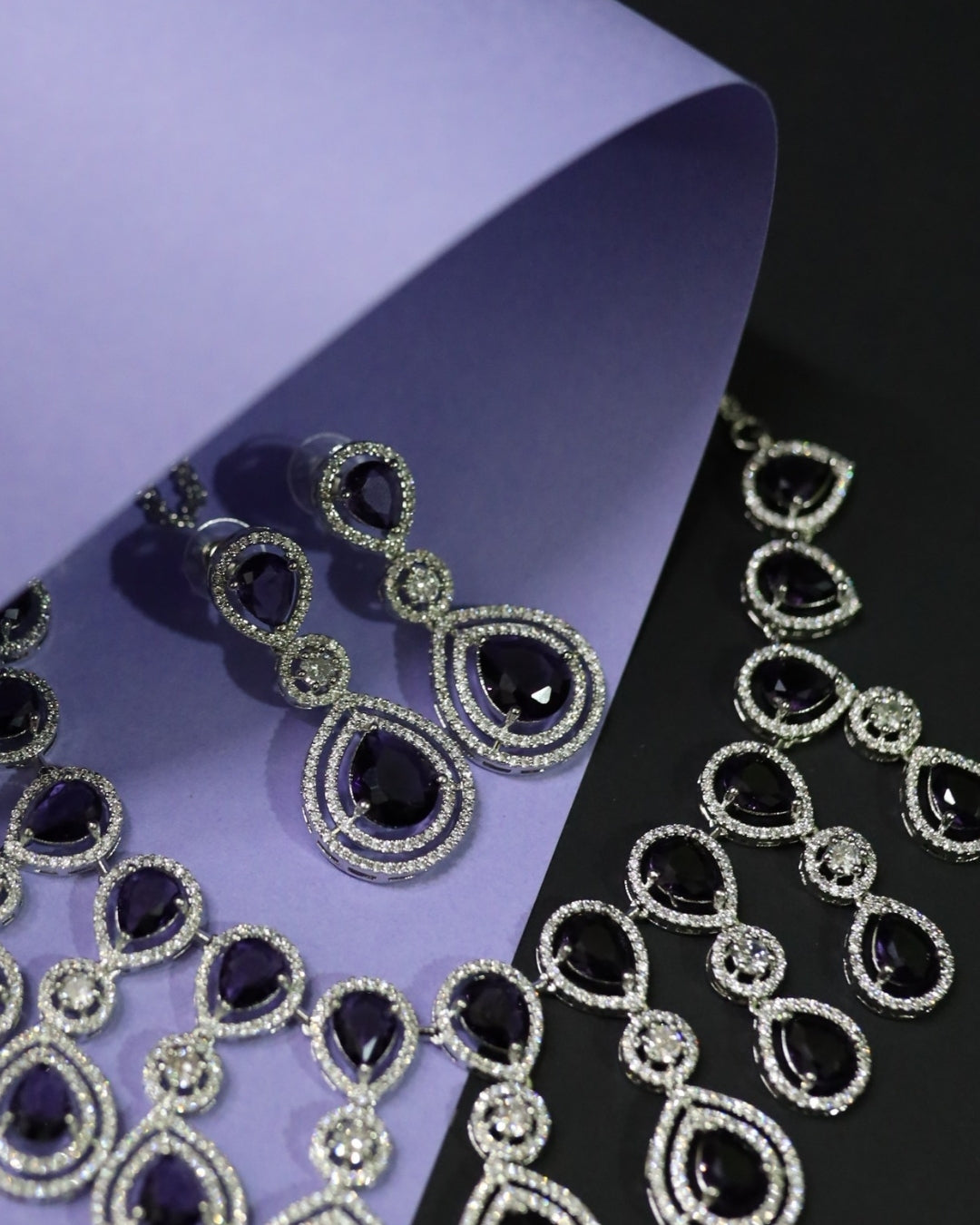 Regal Amethyst Teardrop Statement Rhodium Plated Cubic Zirconia (CZ) Choker Set