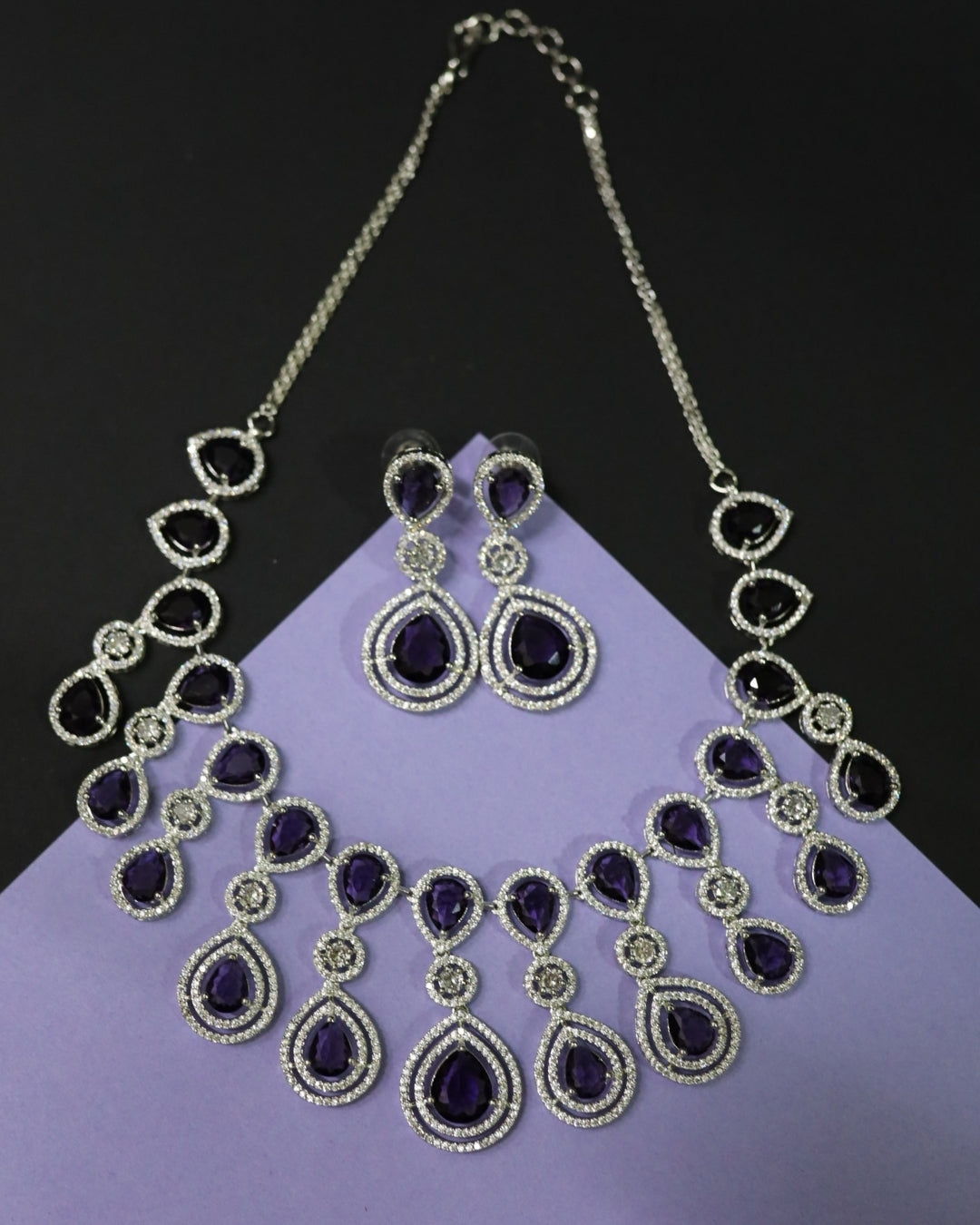 Regal Amethyst Teardrop Statement Rhodium Plated Cubic Zirconia (CZ) Choker Set