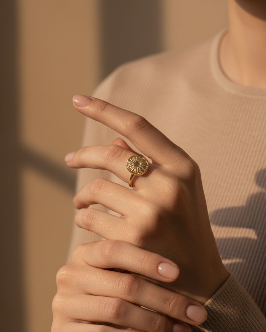 Celestial Sunburst stainless steel Adjustable Anti-Tarnish Minimalist Gold-Tone Linked Adjustable Ring, 18K Gold Plated Ring