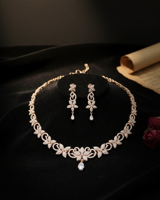 Rose Gold-Tone Floral Filigree CZ Necklace & Earrings Set