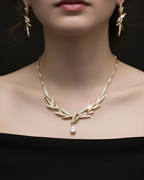 Golden Wheat Stalk | Rhinestone Cluster Collar Necklace Set