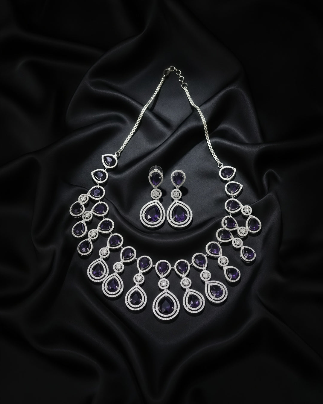 Regal Amethyst Teardrop Statement Rhodium Plated Cubic Zirconia (CZ) Choker Set