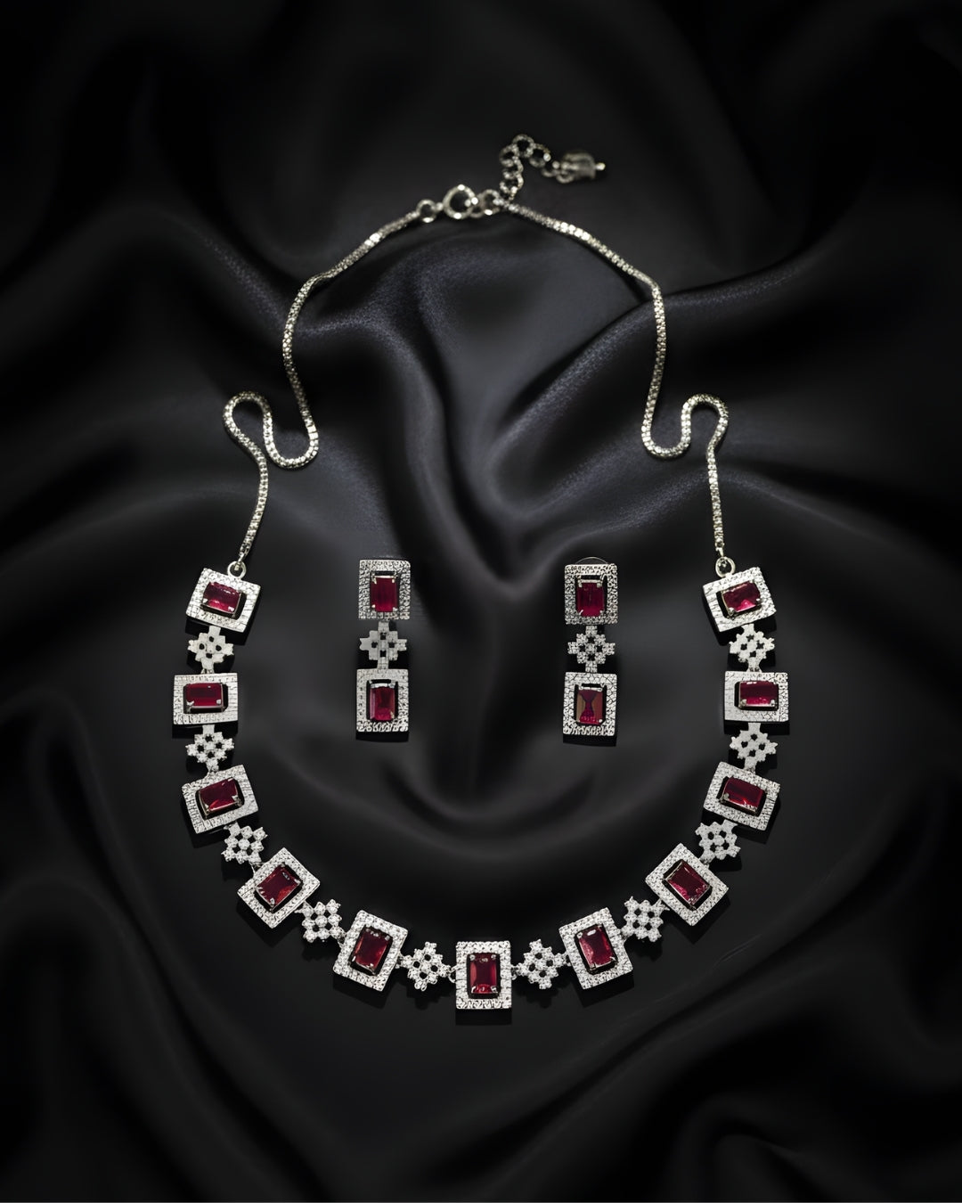 Square Shape Rhodium Plated Anti-Tarnish Cubic Zirconia (CZ) Necklace Set