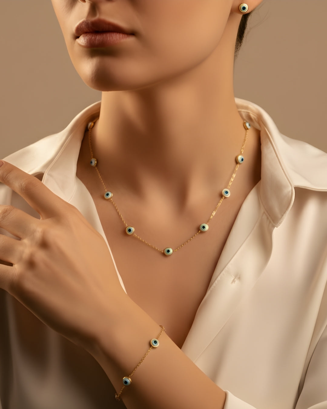 Luxe Nazar 18k Gold Plated Full Jewelry Set with 1 pair of earrings and bracelet