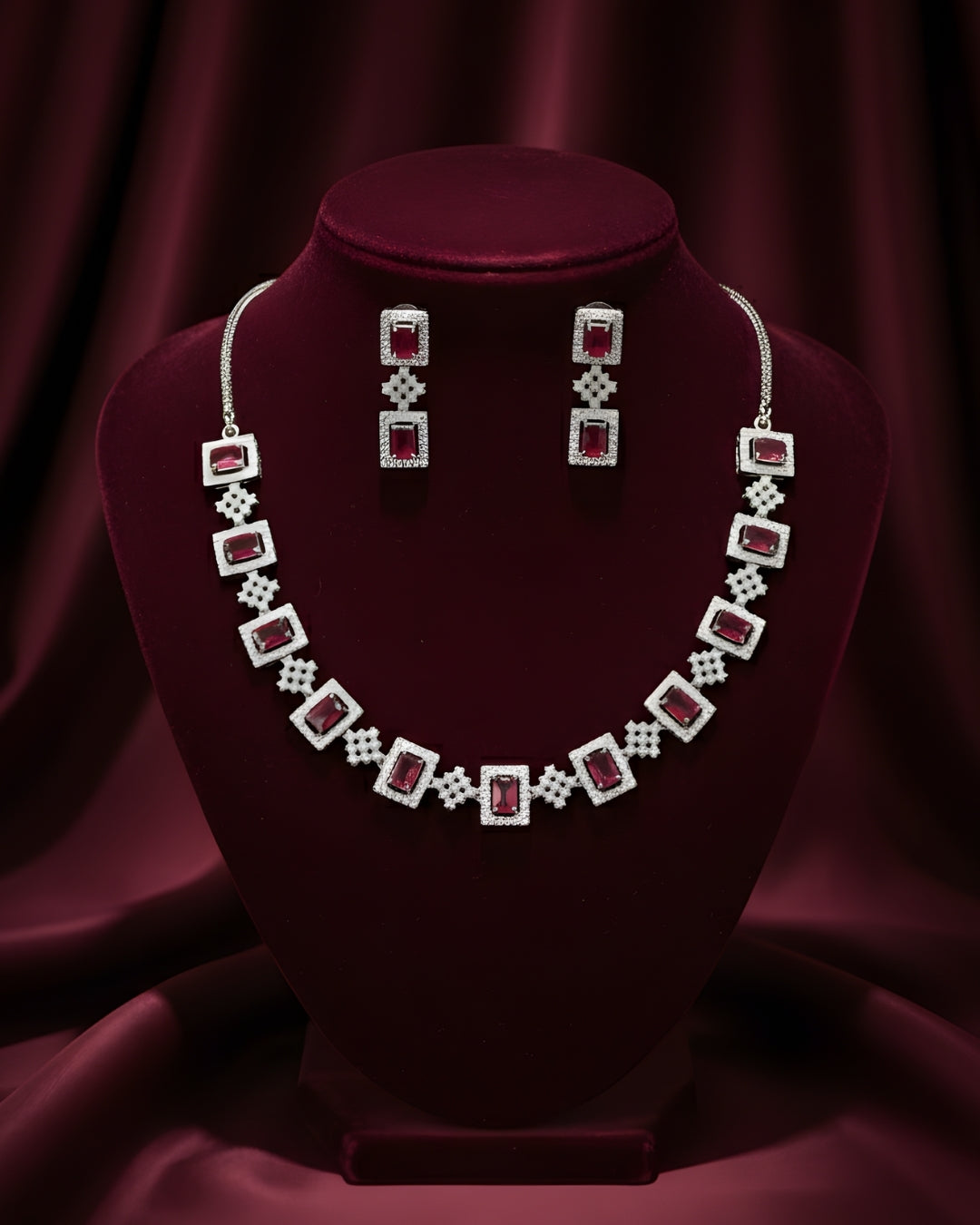 Square Shape Rhodium Plated Anti-Tarnish Cubic Zirconia (CZ) Necklace Set