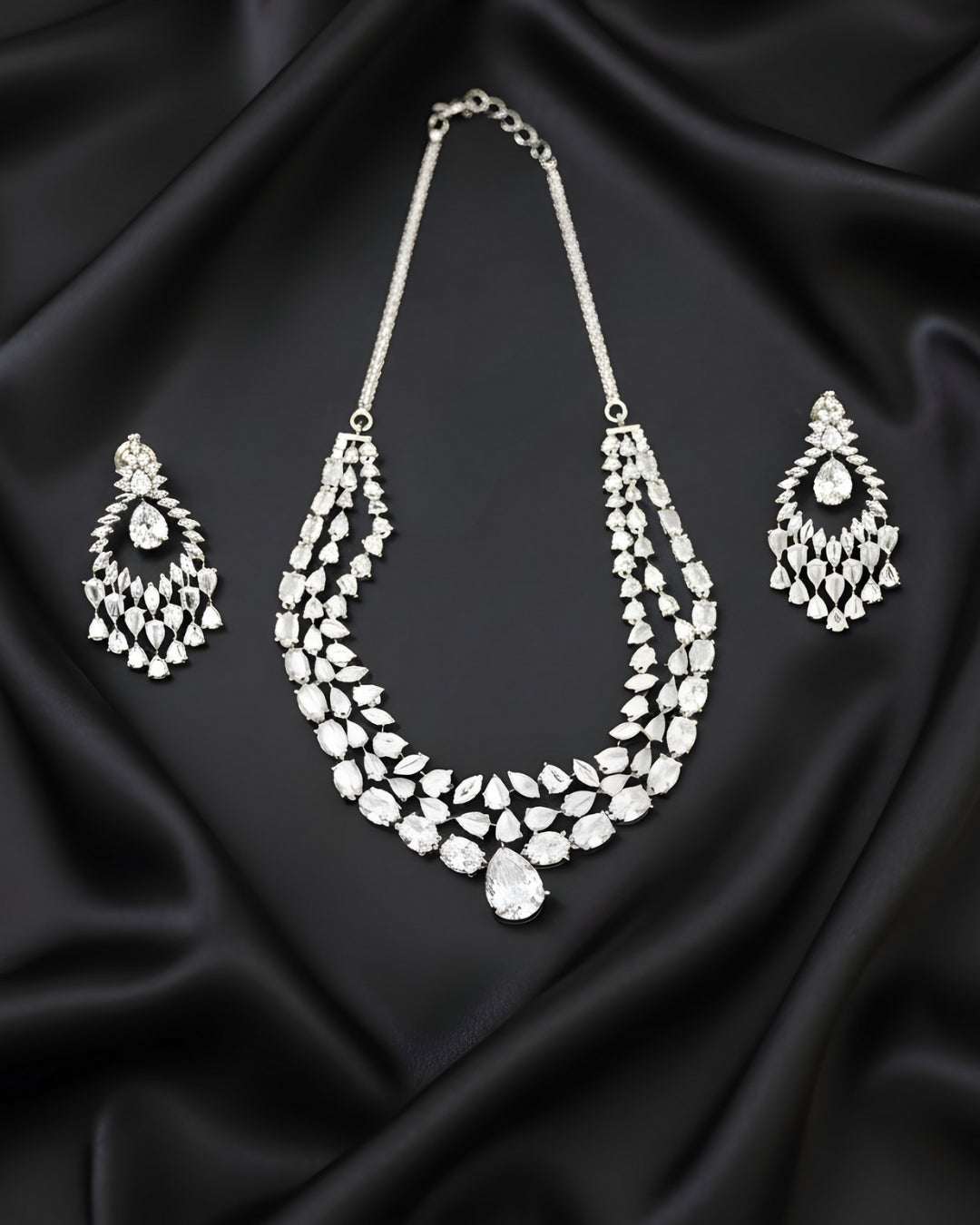 Grand Cascade Diamond Simulant Bridal Rhodium Plated Cubic Zirconia (CZ) Choker Set