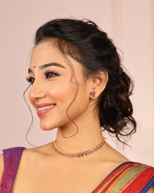 Elegant Gold-Plated Square Stone Necklace Set