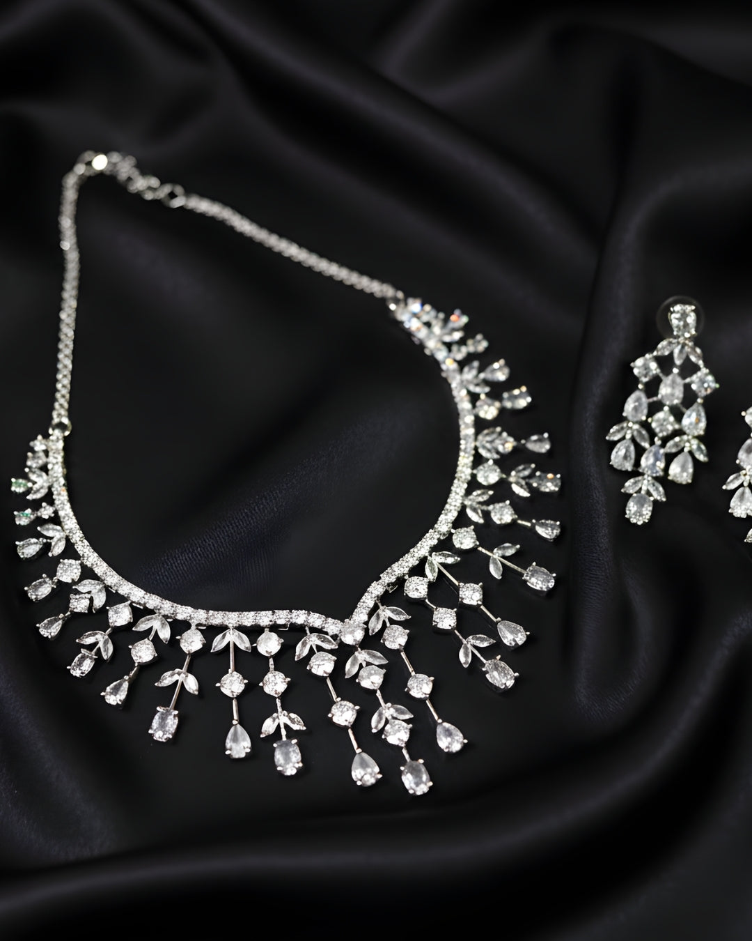 Crystal Vine & Dewdrop Statement Rhodium Plated Cubic Zirconia (CZ) Choker Set