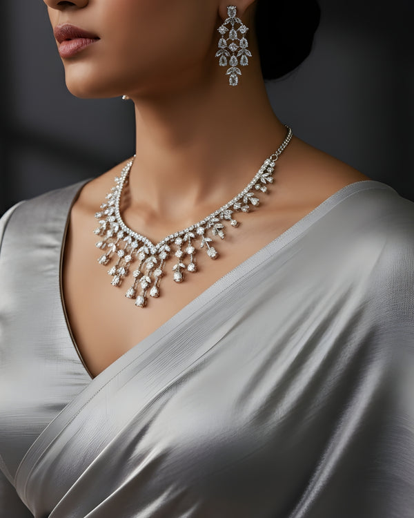 Crystal Vine & Dewdrop Statement Rhodium Plated Cubic Zirconia (CZ) Choker Set