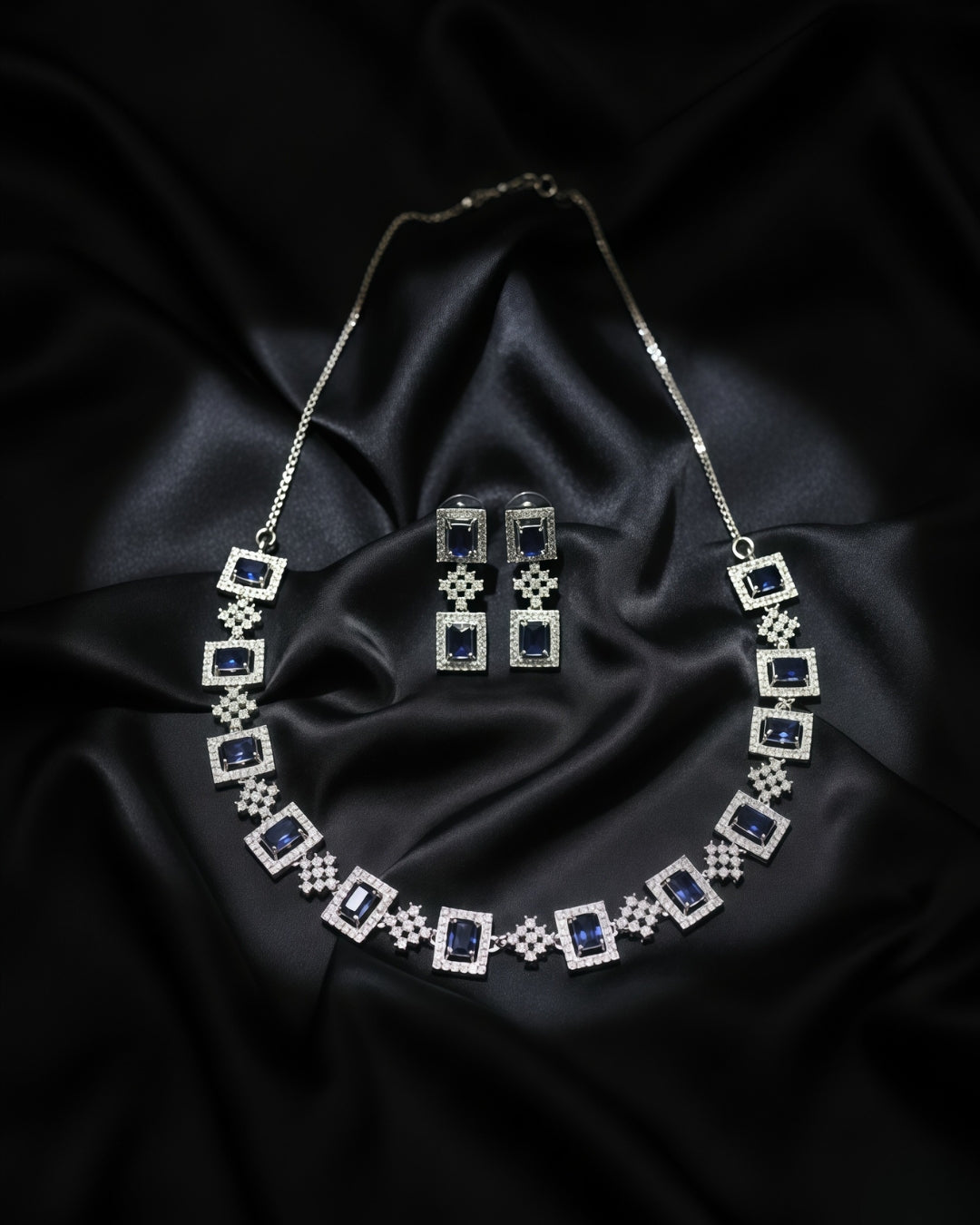 Square Shape Rhodium Plated Anti-Tarnish Cubic Zirconia (CZ) Necklace Set