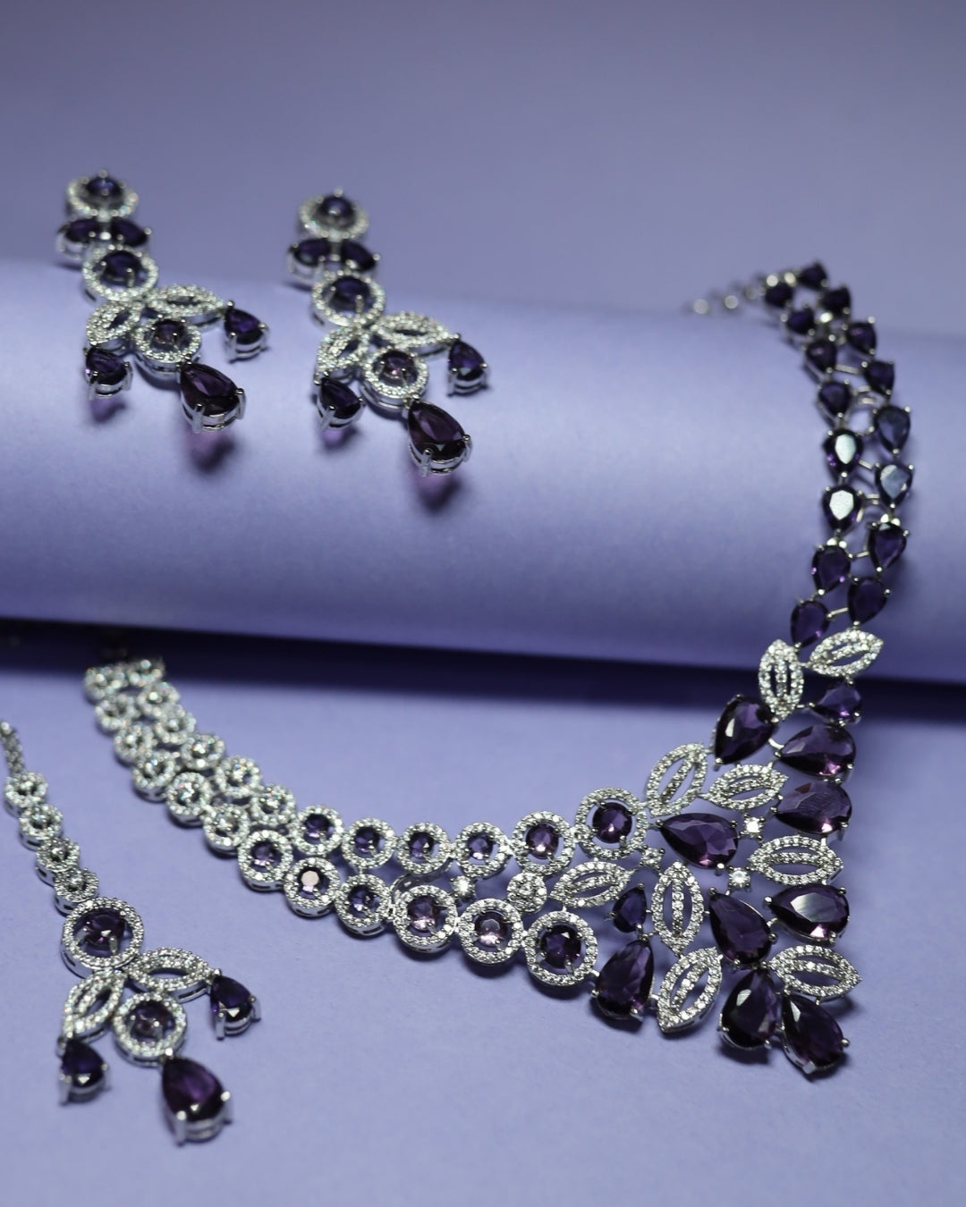 Grand Regal Sparkle Teardrop with Mangtika(Bindi) Rhodium Plated Cubic Zirconia (CZ) Choker Set