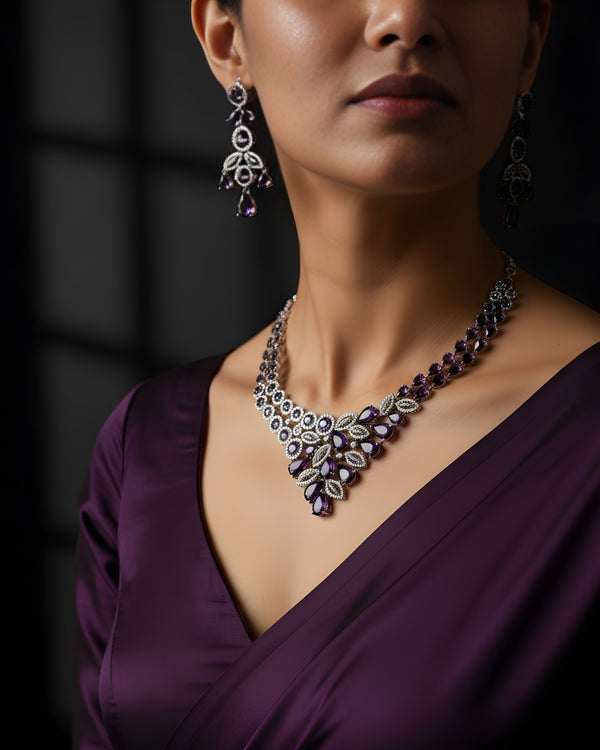 Grand Regal Sparkle Teardrop with Mangtika(Bindi) Rhodium Plated Cubic Zirconia (CZ) Choker Set