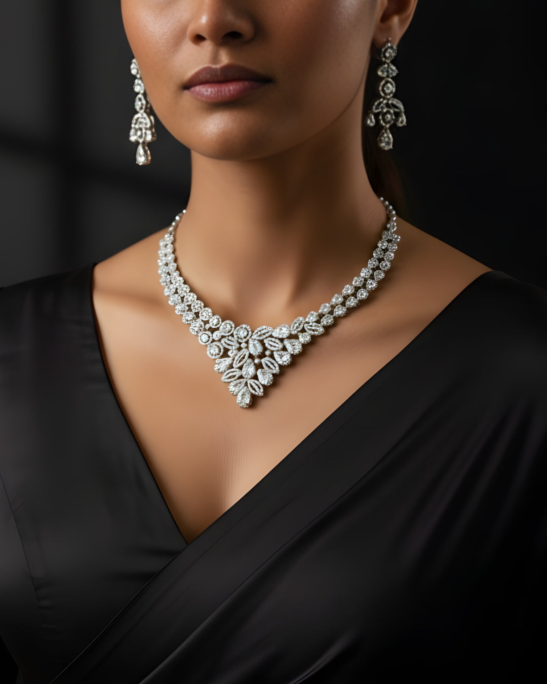Grand Regal Sparkle Teardrop with Mangtika(Bindi) Rhodium Plated Cubic Zirconia (CZ) Choker Set