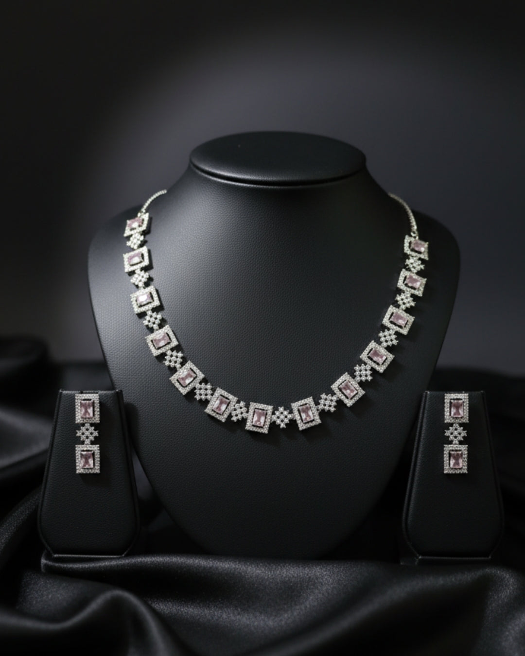 Square Shape Rhodium Plated Anti-Tarnish Cubic Zirconia (CZ) Necklace Set