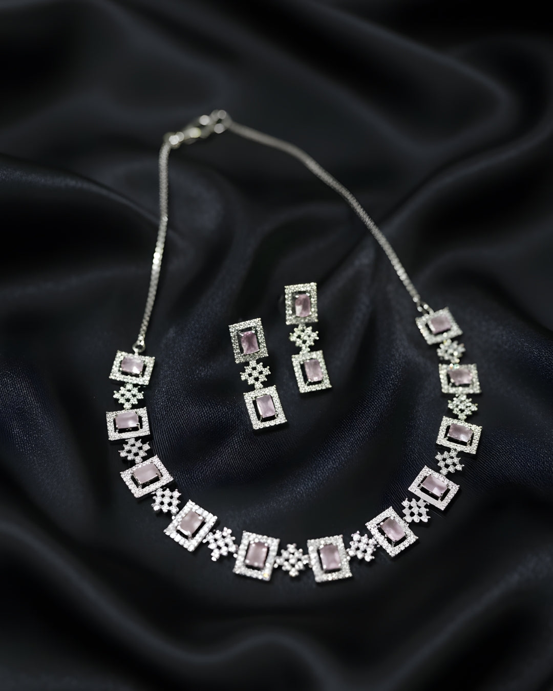 Square Shape Rhodium Plated Anti-Tarnish Cubic Zirconia (CZ) Necklace Set