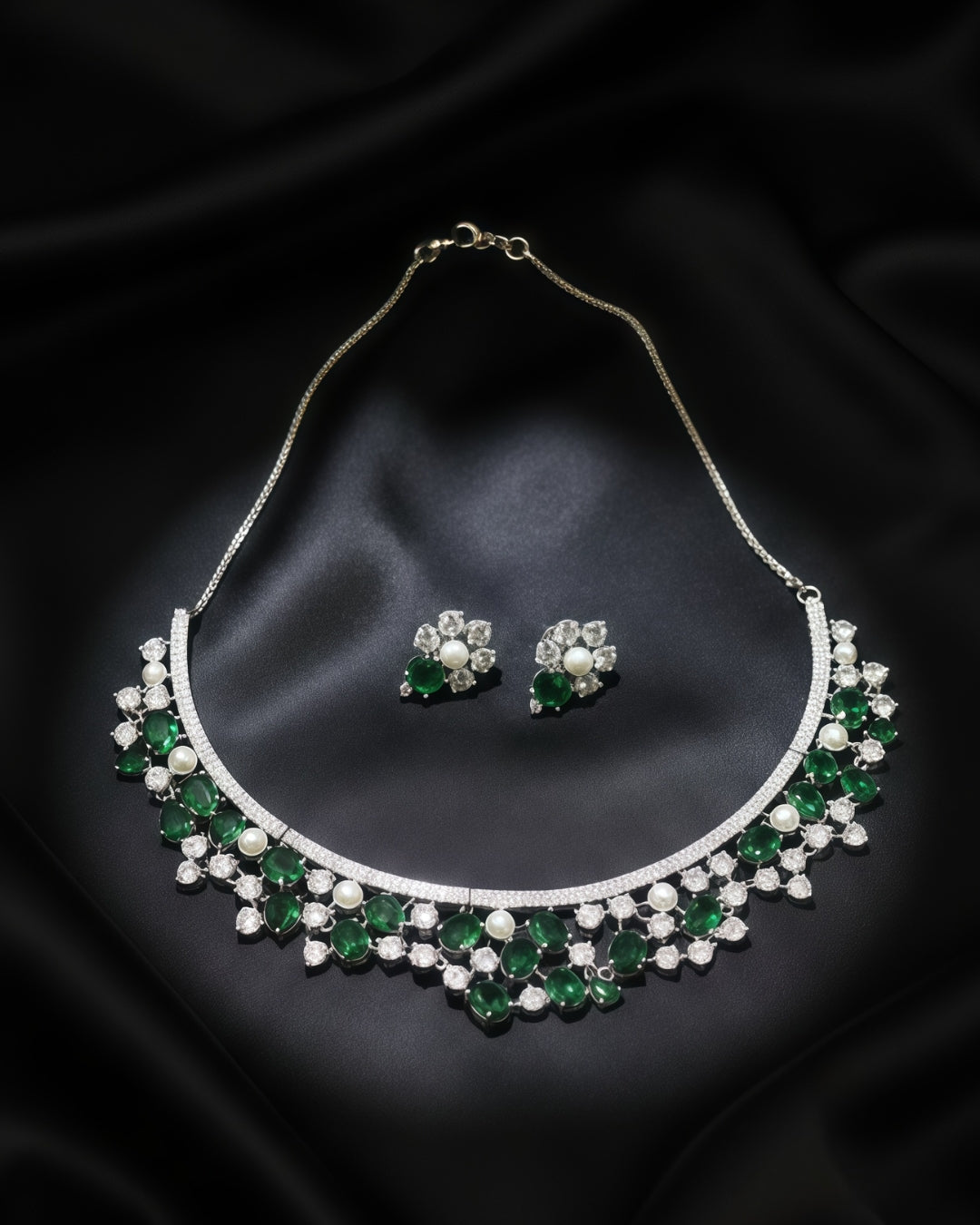 The  Night Bloom Pearl & Diamond-Look Rhodium Plated Cubic Zirconia (CZ) Choker Set