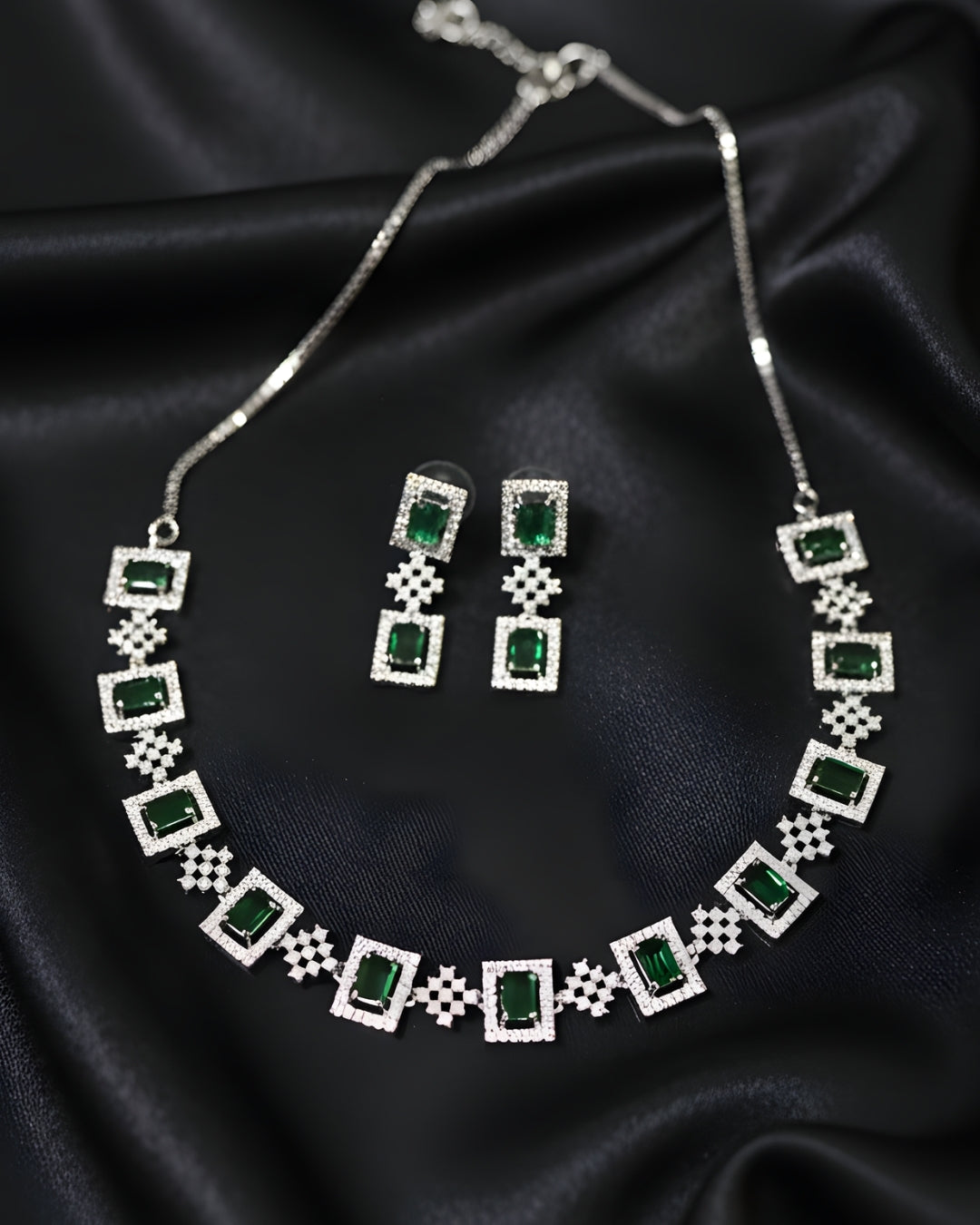 Square Shape Rhodium Plated Anti-Tarnish Cubic Zirconia (CZ) Necklace Set