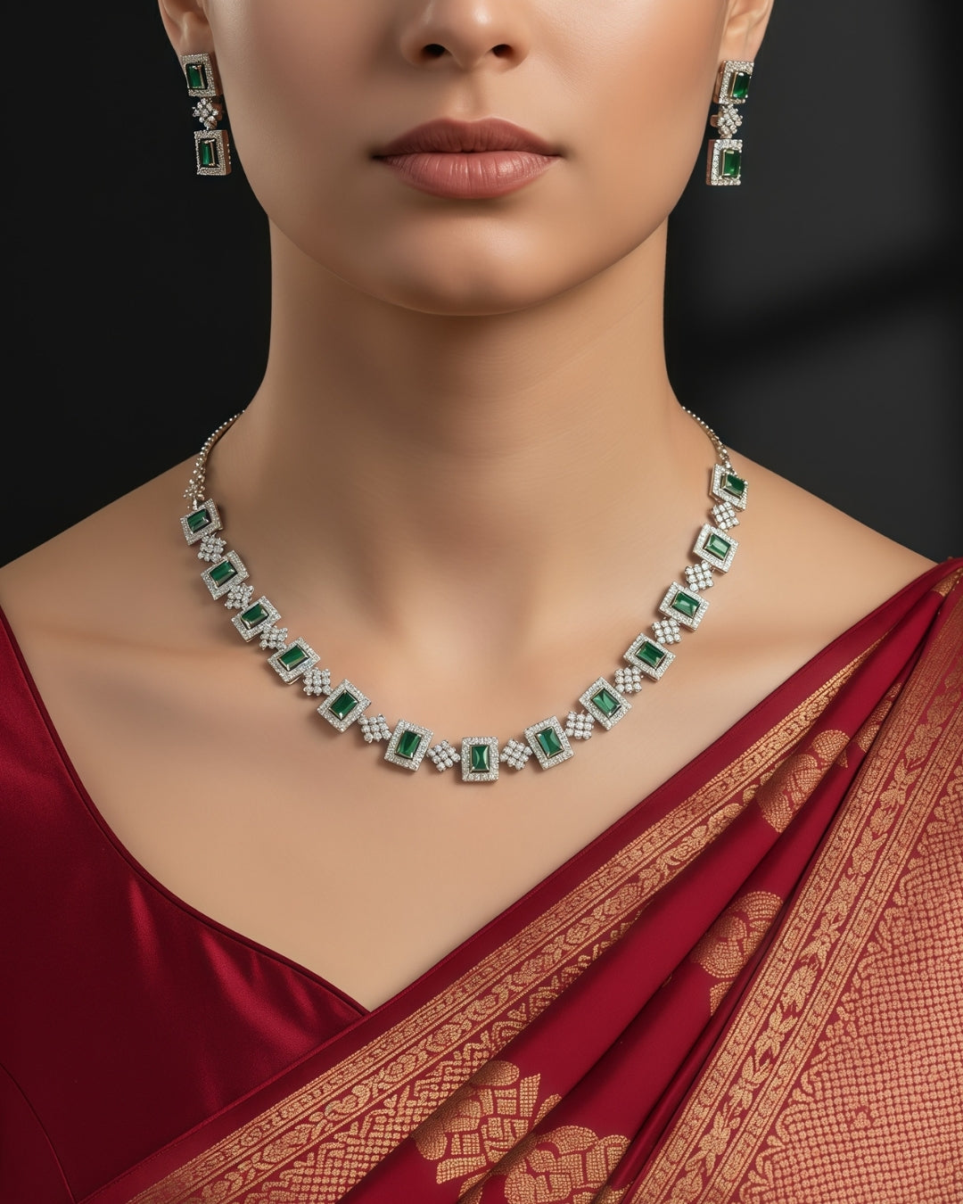 Square Shape Rhodium Plated Anti-Tarnish Cubic Zirconia (CZ) Necklace Set