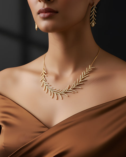 Golden Laurel 18K Gold Plated Anti-Tarnish Cubic Zirconia Leaf Necklace Set